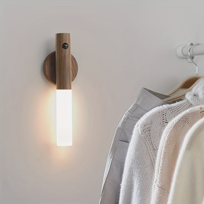 Smart Magnetic Wood LED Night Light – Rechargeable Auto PIR Motion Sensor for Kitchen Cabinets & More
