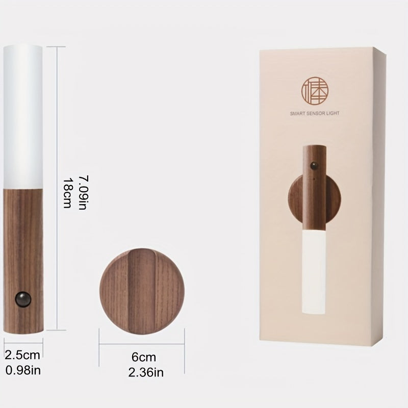 Smart Magnetic Wood LED Night Light – Rechargeable Auto PIR Motion Sensor for Kitchen Cabinets & More